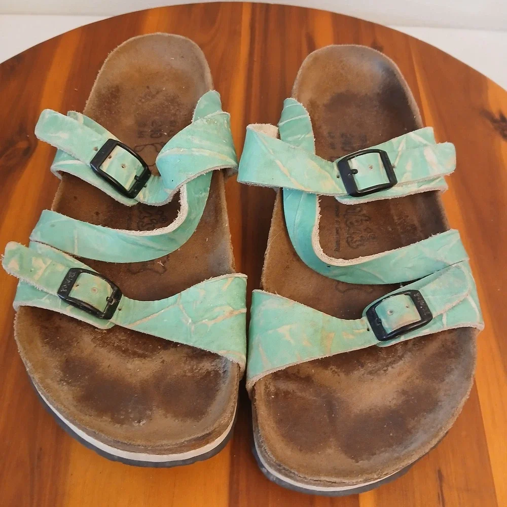 Birkenstock Salina Womens 37 Teal Slides Sandals Corkboard Straps